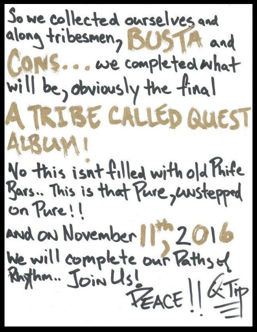 Handwritten Letter by Q-Tip announcing new A Tribe Called Quest Ablum.